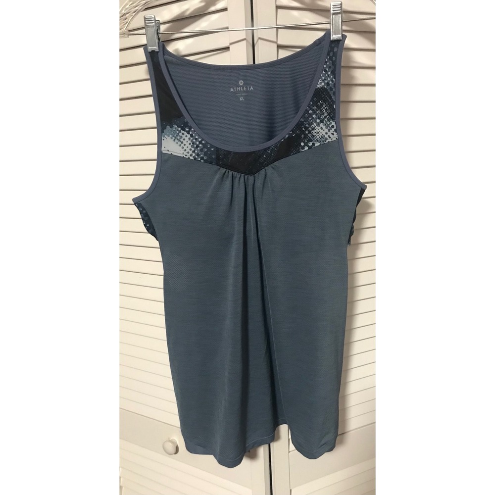 Athleta Blue-Gray Athletic Tank Top Built-in Bra Pleated Front Women's XL